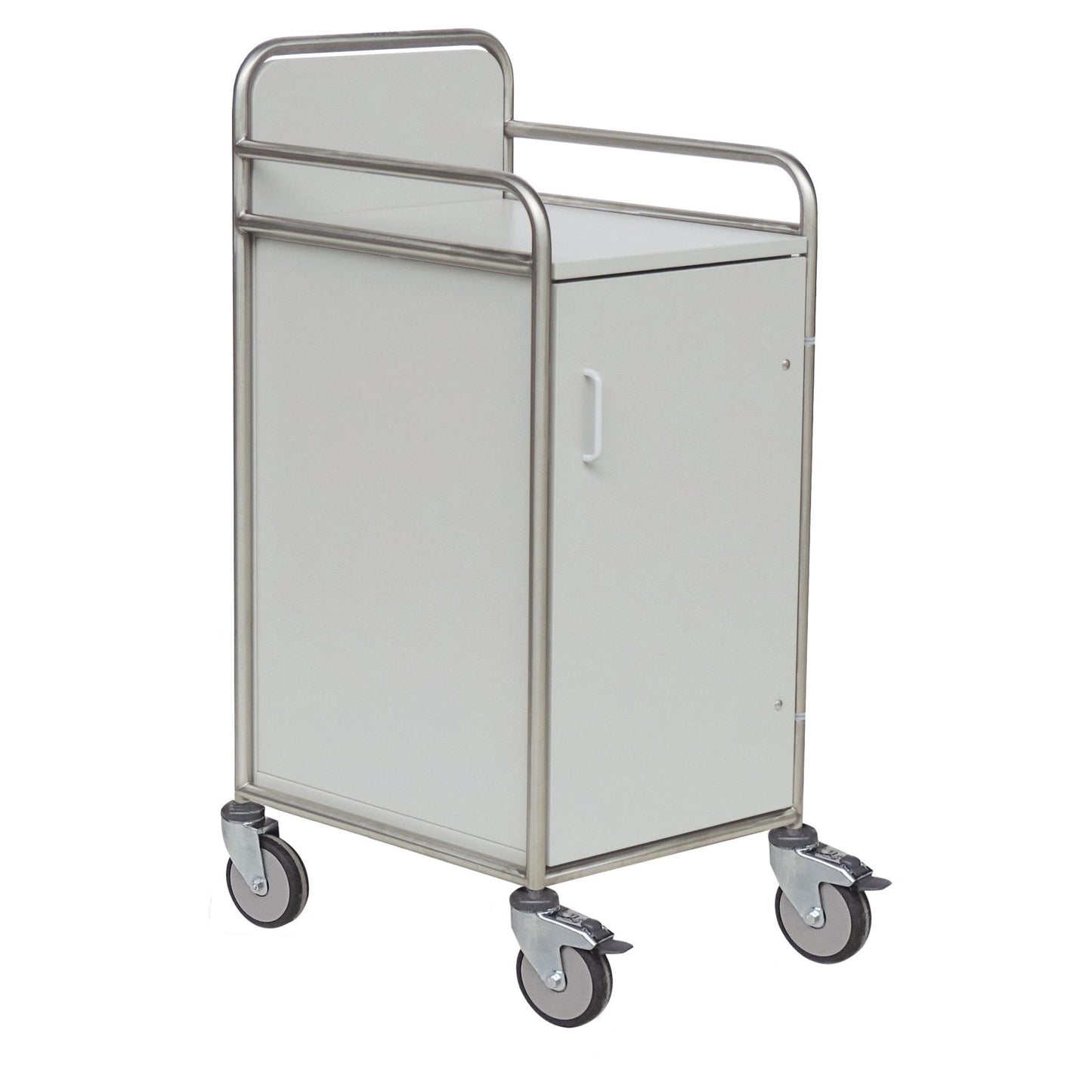 Novocal stationsvognens ramme af rustfrit stål har rundtomsvejsede rørforbindelser og er ideel til fleksibel brug og opbevaring på hospitaler.