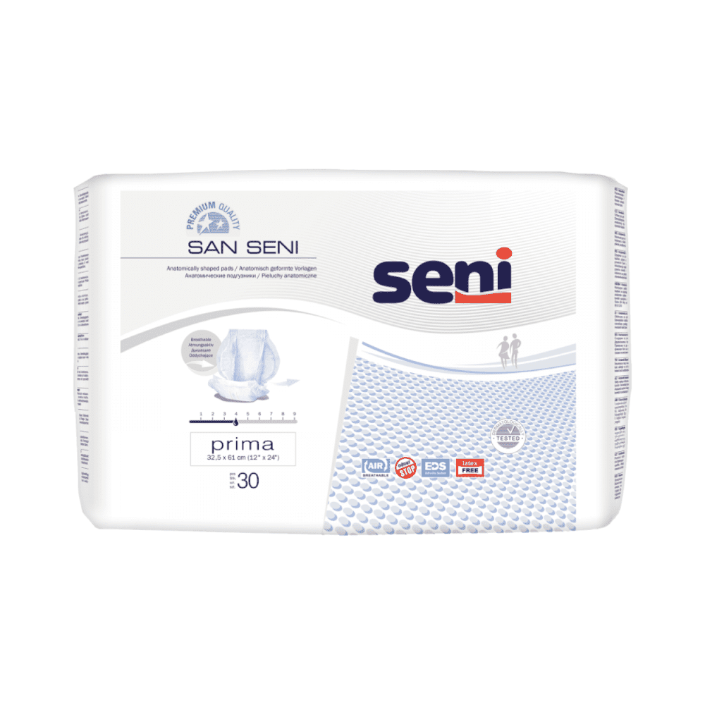 Emballage af voksenbleer fra mærket TZMO Deutschland GmbH med etiketten „San Seni Prima inkontinensindlæg | Pakke (30 styk)“ og „Premiumkvalitet“. Pakken indeholder 30 anatomisk formede bleer lavet af åndbart materiale. Logoet fremhæver egenskaber som EDS, lækagebeskyttelse og lugtkontrol, hvilket sikrer komfort ved blæresvaghed.