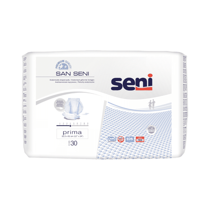 Emballage af voksenbleer fra mærket TZMO Deutschland GmbH med etiketten „San Seni Prima inkontinensindlæg | Pakke (30 styk)“ og „Premiumkvalitet“. Pakken indeholder 30 anatomisk formede bleer lavet af åndbart materiale. Logoet fremhæver egenskaber som EDS, lækagebeskyttelse og lugtkontrol, hvilket sikrer komfort ved blæresvaghed.