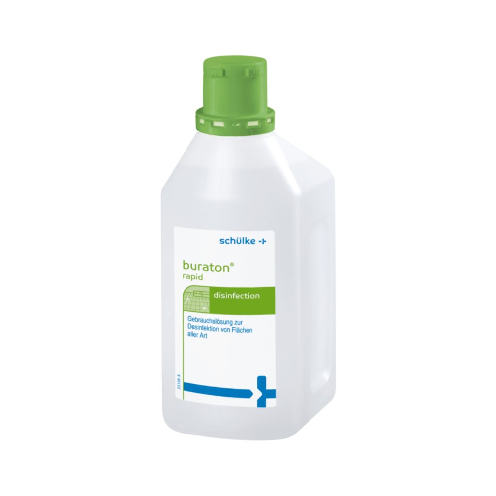 En hvid plastflaske med grøn prop, hvor der står »Schülke buraton® rapid hurtigdesinfektionsmiddel«. Etiketten indeholder blå tekst og grafik og angiver, at produktet er beregnet til overfladedesinfektion i fødevareindustrien.