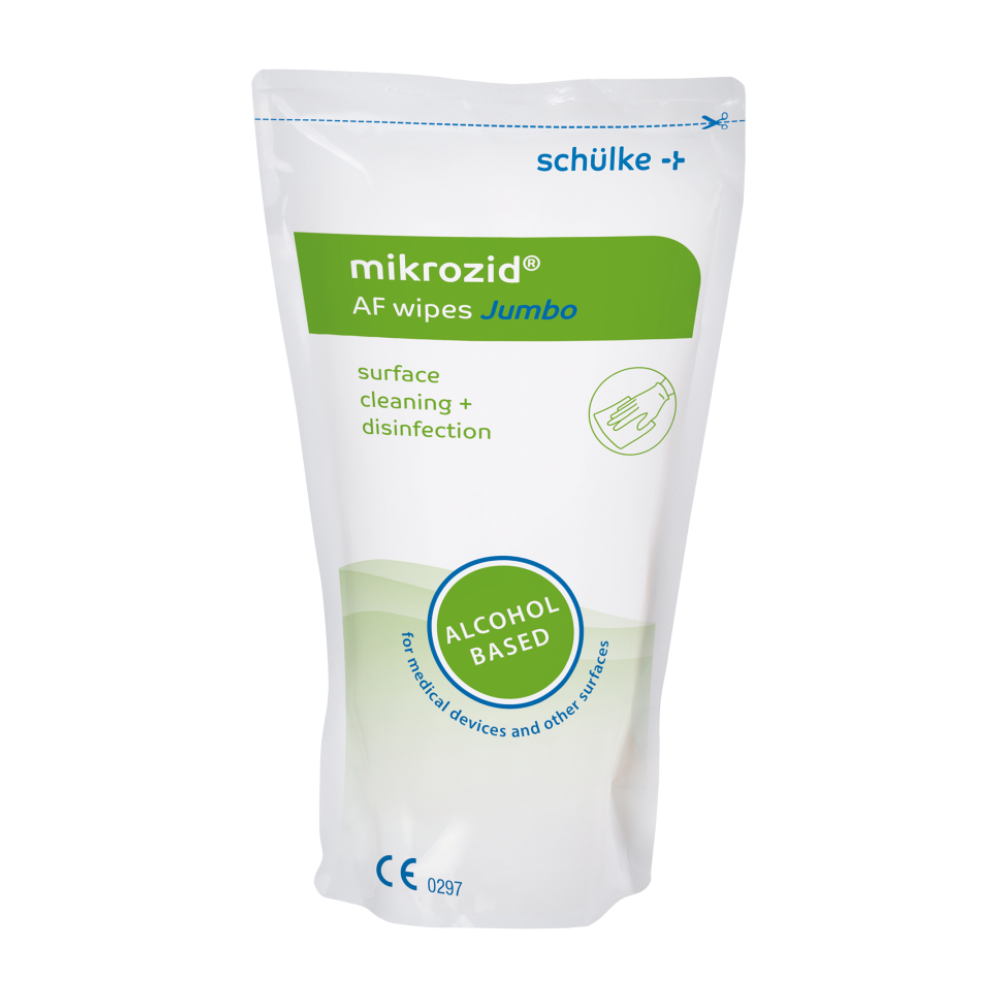 En pakke Schülke mikrozid® AF wipes desinfektionsservietter fra Schülke & Mayr GmbH til hurtig desinfektion. Den hvid-grønne emballage indeholder produktinformationer og anvendelsessymboler.