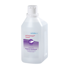 Eine weiße Flasche Schülke primasept® wash der Schülke & Mayr GmbH mit der Aufschrift „Antimikrobielle Waschlotion“ und dem Anspruch auf viruzide Wirkung vor einem einfarbigen Hintergrund.