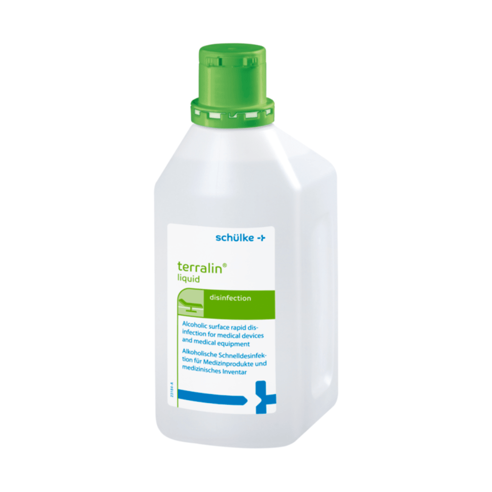 Den Schülke terralin® liquid, en 1L flaske med grøn hætte, fra Schülke & Mayr GmbH bruges til alkoholisk hurtigdesinfektion af medicinsk udstyr og patientnære overflader.