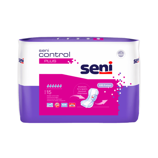 En pakke Seni Control Plus-inkontinensindlæg fra TZMO Deutschland GmbH indeholder 15 indlæg, har en lækagesikring og leveres i en lilla-hvid emballage med produktlogo og et billede af indlægget på forsiden.