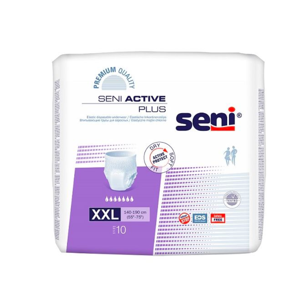 Eine 10er-Packung Seni Active Plus Inkontinenzpants (Größe XXL, 140-190 cm) der TZMO Deutschland GmbH wird in einer weiß-violetten Verpackung geliefert, die Produktdetails und ein Windelbild auf der Vorderseite zeigt.