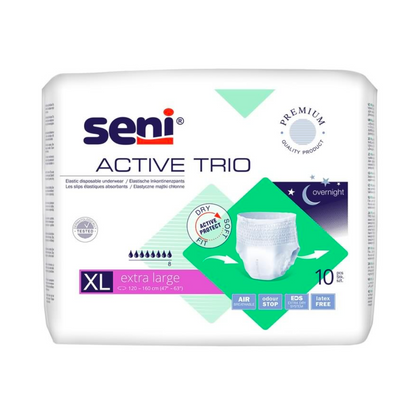 En 10-pak Seni Active Trio inkontinensbukser fra TZMO Deutschland GmbH til blæresvaghed, med lugtstop, latexfrit materiale, velegnet til natbrug. Overvejende hvid emballage med violette og grønne accenter.