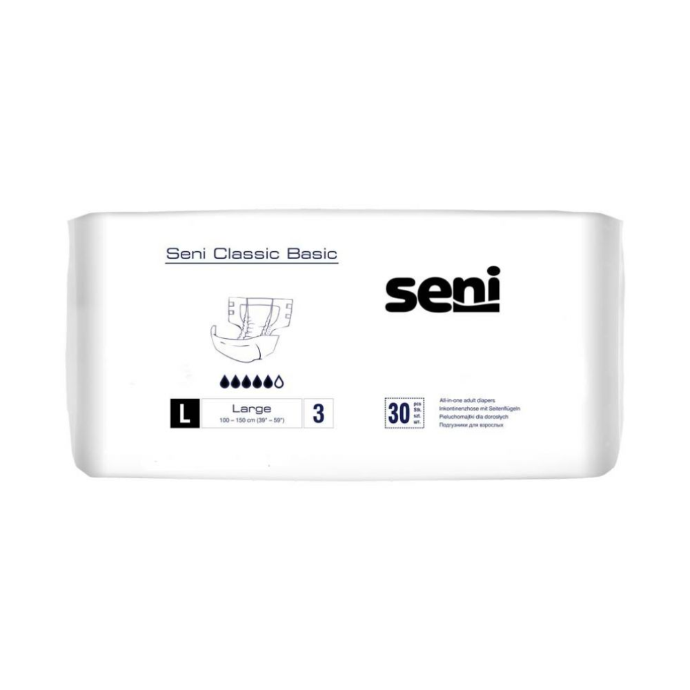 Eine Packung Seni Classic Basic Inkontinenzhosen der TZMO Deutschland GmbH in der Größe L mit Angaben zu Produkteigenschaften und Anzahl auf der Verpackung.
