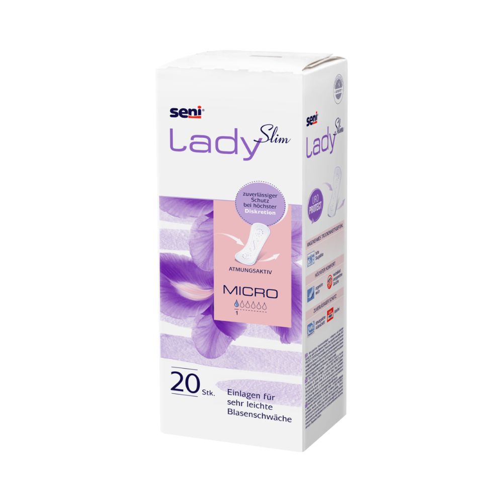 En hvid, rektangulær æske med udløbsartikel: Seni Lady Slim Micro indlæg fra TZMO Deutschland GmbH med violette accenter, fjer-motiv og tekst. Pakken indeholder 20 indlæg til meget let inkontinens.