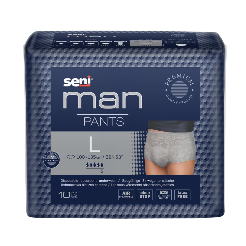 En pakke Seni Man Pants absorberende undertøj til mænd fra TZMO Deutschland GmbH, højkvalitets voksenbleer til inkontinens i stor størrelse, med grå linning og et diagram, der viser pasformen på en mannequin. Indeholder 10