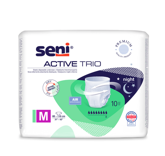 Eine Packung Seni Active Trio Inkontinenzhosen von TZMO Deutschland GmbH, Größe M (80-110 cm), für schwere Inkontinenz mit Nachtschutz. Die Verpackung zeigt das Produkt und hebt die Atmungsaktivität und die dermatologische Prüfung hervor.