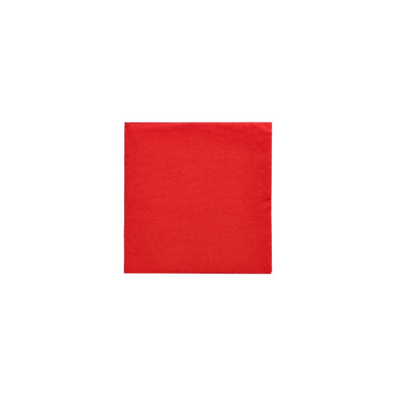 En PAPSTAR-serviet fra "DAILY Collection" med målene 24 x 24 cm, foldet til 1/4 størrelse, står på en enkel hvid baggrund. Denne kvadratiske røde serviet, fremstillet af PAPSTAR GmbH, ser ud til at være FSC-certificeret og består af papir med en ensartet rød farve og en glat tekstur på hele overfladen, ideel til miljøvenlige borddekorationer.