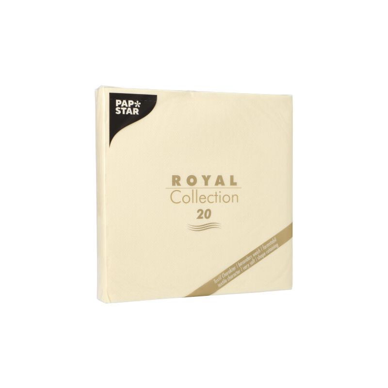 PAPSTAR servietpakke "ROYAL Collection" fra PAPSTAR GmbH, bestående af 20 servietter i udsøgt design. Den cremefarvede emballage med gylden og sort tekst giver hvert dækket bord et elegant touch.