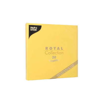 Billede af en gul pakke med påskriften "ROYAL Collection 20" og PAPSTAR-logoet i øverste venstre hjørne. Pakken indeholder 20 papirservietter, ideel til en elegant borddekoration.