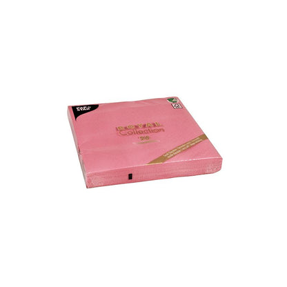 En pakke PAPSTAR servietter 1/4-fold 40 cm x 40 cm fra "ROYAL Collection" af PAPSTAR GmbH giver din borddekoration et elegant touch. Emballagen fremhæver, at disse lyserøde servietter er dobbeltlagede og miljøvenlige og tilbyder både elegance og bæredygtighed til din borddekoration.