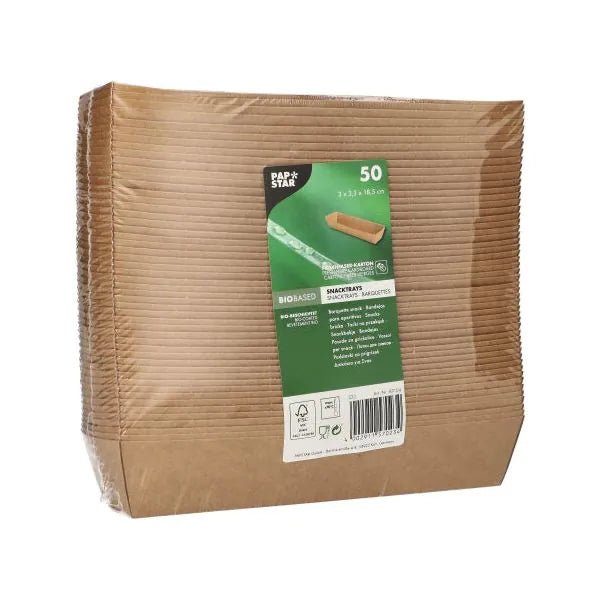 En pakke med 50 brune PAPSTAR "pure" snackbakker af pap fra PAPSTAR GmbH - perfekt som miljøvenligt supplement til bæredygtigt engangsservice eller biologisk nedbrydelige servietter.