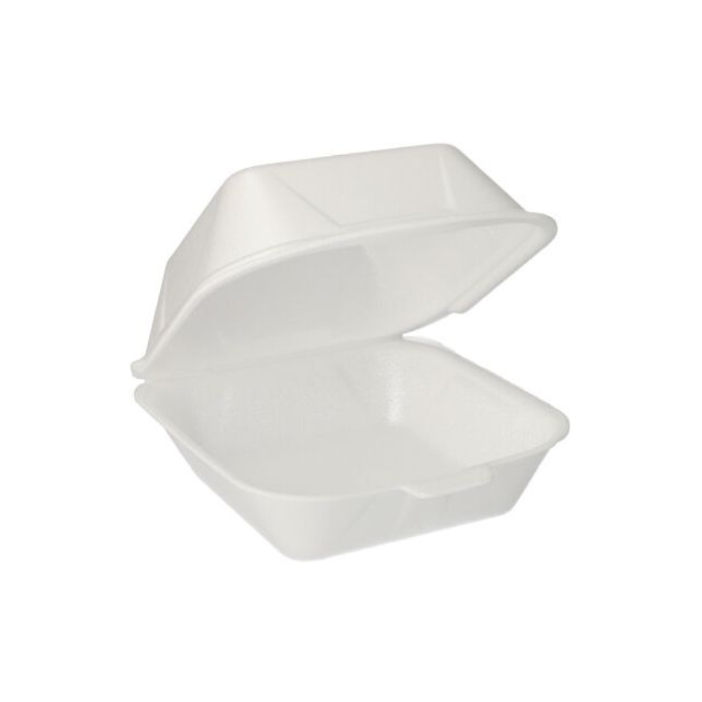 Foran en ensfarvet baggrund ses en Starpak burgerboks med klaplåg lavet af XPS i målene 14,5 x 15,5 cm i hvid. XPS-materialet sikrer en isolerende effekt, mens den tomme boks viser sit rummelige indre frem.