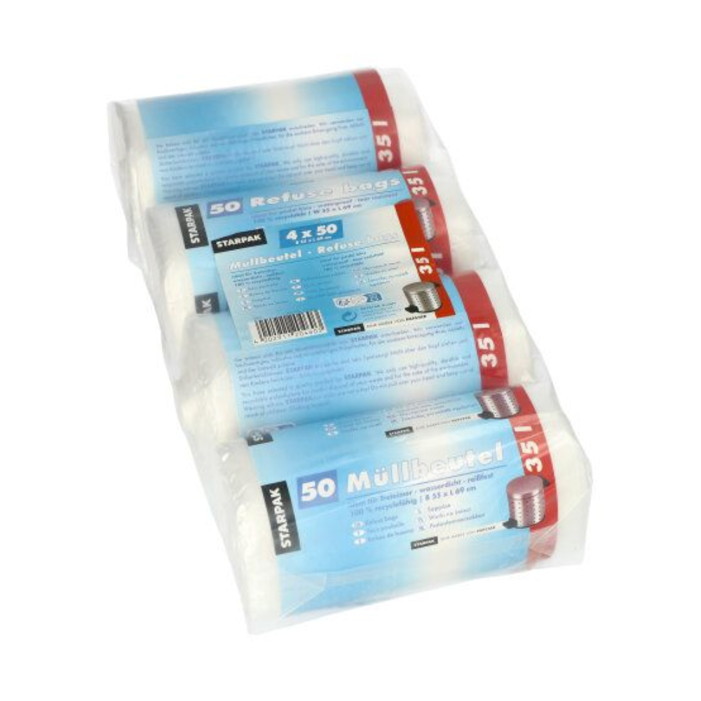 Produktet består af fire ruller med 35-liters affaldsposer, som hver er pakket i en gennemsigtig plastikhylster. Etiketten på hver rulle bærer teksten „Starpak“ og „50 affaldsposer“, hvilket indikerer, at de er beregnet til husholdningsbrug.
