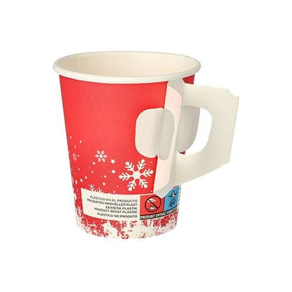 Starpak 50 krus med hank "Winter Time" pakken indeholder røde papkrus med hvidt snefnug-design og papomslag for nem håndtering, ideel til varme drikke. Vinterdesignet viser sne-lignende elementer, perfekt på en enkel baggrund.