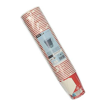 Starpak 50 krus med hank "Winter Time" pakken indeholder 50 engangskrus til varme drikke, som har et hvid-rødt stribemønster. De er pakket i en plastikindpakning med en etiket med produktdetaljer og et billede af et krus.