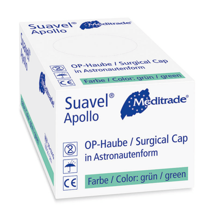 Hvid rektangulær æske af Meditrade Suavel® Apollo OP-hætte (100 stykker) fra Meditrade GmbH, grøn mærket med "Astronautform", lavet af polypropylen-fleece med symbolske kendetegn og informationer på tysk og engelsk.