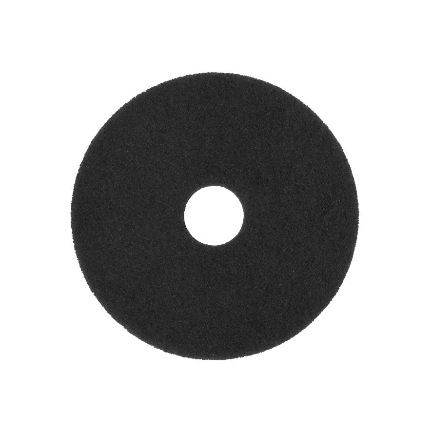 En sort, cirkulær Arcora Superpad Black rengøringspad fra Arcora International GmbH til vådrengøring på ufølsomme belægninger, med et midterhul, afbildet på hvid baggrund.