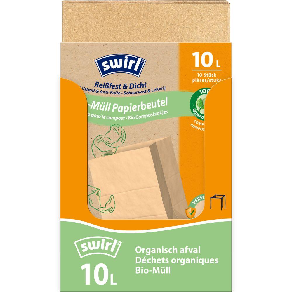 En rulle Swirl bioaffaldspapirposer 10 l rivefast & tæt fra Melitta Europa GmbH & Co. KG indeholder 10 stabile, komposterbare papirposer til bioaffald, med flersproget tekst og en kålillustration.