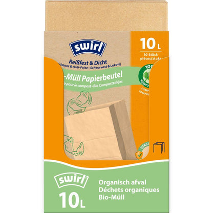 En rulle Swirl bioaffaldspapirposer 10 l rivefast & tæt fra Melitta Europa GmbH & Co. KG indeholder 10 stabile, komposterbare papirposer til bioaffald, med flersproget tekst og en kålillustration.