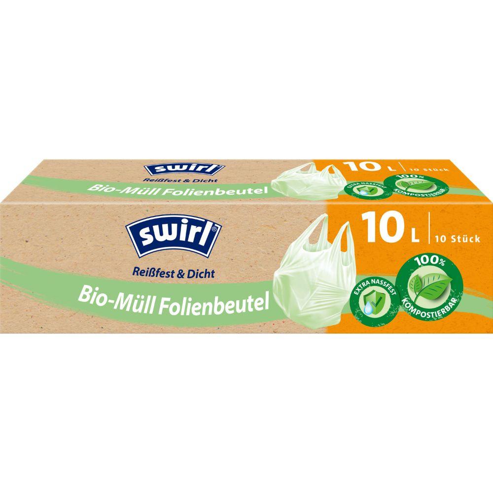 En rulle Swirl bioaffaldsposer med bærehåndtag 10l, rivefast & tæt (10 poser) fra Melitta Europa GmbH & Co. KG. Levering i brun-grøn emballage med miljøvenlige symboler og lysegrøn pose, 100 % komposterbar og DINplus-certificeret.