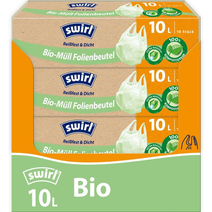En rulle Swirl bioaffaldsposer med bærehåndtag (10 x 10L) fra Melitta Europa GmbH & Co. KG, rivefast & tæt, med miljøvenlig grøn og orange emballage med symboler og en biologisk nedbrydelig poseillustration.