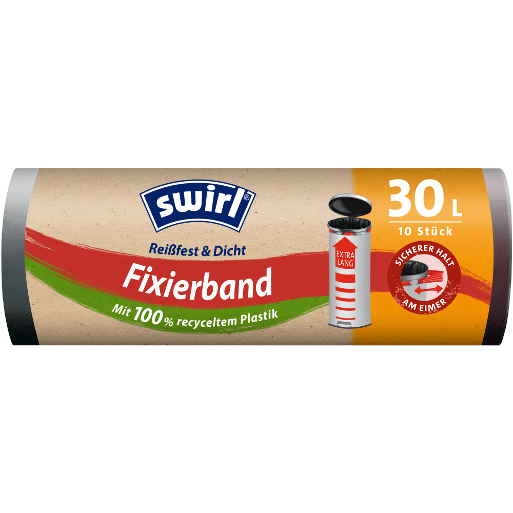 Afbildet er en rulle Swirl fikseringsbånd-affaldsposer XL 30 l ekstra lang fra Melitta Europa GmbH & Co. KG i deres emballage med påskriften 30 liter kapacitet, bestående af 100 % genbrugskunststof og et indhold af 10 poser.