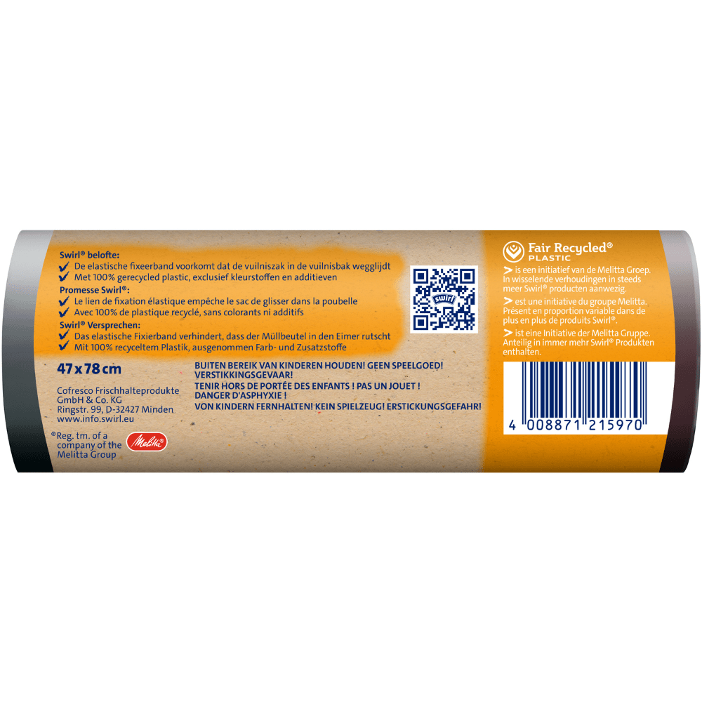 En rulle Swirl fikseringsbånd-affaldsposer XL 30 l ekstra lang (10 poser) fra Melitta Europa GmbH & Co. KG har en orange-hvid etiket med produktinformationer, en QR-kode, stregkode, flersproget tekst og oplysninger: 47 x 78 cm, 100 % genbrugt kunststof.