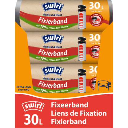 En pakke Swirl fikseringsbånd-affaldsposer XL 30 l ekstra lang fra Melitta Europa GmbH & Co. KG indeholder tre ruller med hver 10 poser (30 l) af 100 % genbrugt kunststof. Emballagen er forsynet med tysk, fransk og engelsk tekst.