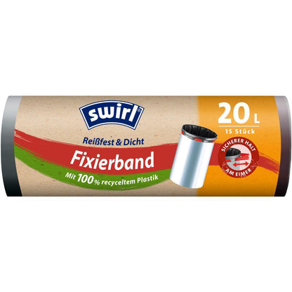 Den Swirl Fixerede affaldsposer 20 l Rivfast & Tæt fra Melitta Europa GmbH & Co. KG kommer i en rulle med 15 poser med brun-orange etiket, rivfast folie, lavet af genanvendt plastik og med en skraldespand-motiv.