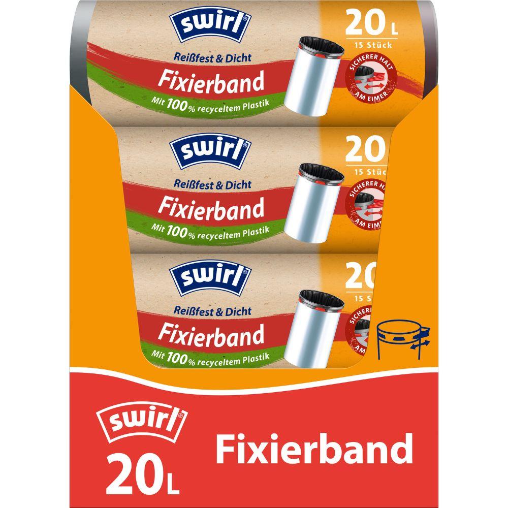 Tre ruller Swirl Fixerede affaldsposer 20 l Rivfast & Tæt fra Melitta Europa GmbH & Co. KG med hver 15 poser i orange og grøn emballage, lavet af 100 % genbrugsplastik og udstyret med rivfast folie.