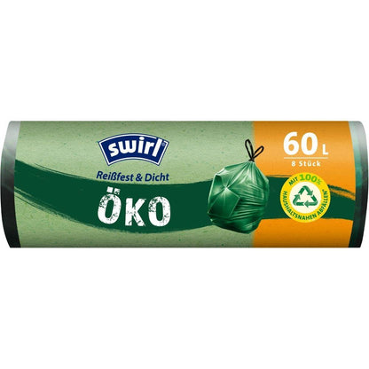 Der Swirl øko-affaldspose med snor 60 l fra Melitta Europa GmbH & Co. KG tilbyder 8 stærke, lækagesikre poser pr. rulle, lavet af 100 % plantebaseret materiale med rivfast 3-lagsfolie og miljøvenligt design.