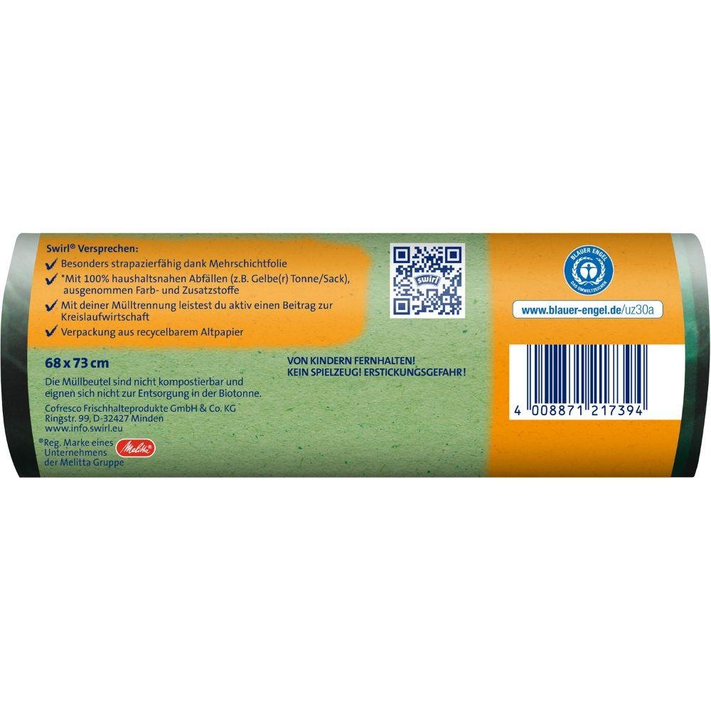 Swirl øko-affaldspose med snor 60 l, rivfast & tæt takket være 3-lagsfolie med genbrugsplastik. Rulle med 8 poser fra Melitta Europa GmbH & Co. KG. Grøn baggrund, orange-blå sektioner, Blauer Engel, stregkode, QR-kode og kontakt.
