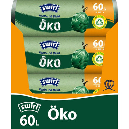 En pakke Swirl øko-affaldspose med snor 60 l (fra Melitta Europa GmbH & Co. KG) indeholder 3 ruller med hver 8 miljøvenlige, rivfaste poser lavet af genbrugsplastik med grønt design og gul-orange accenter.