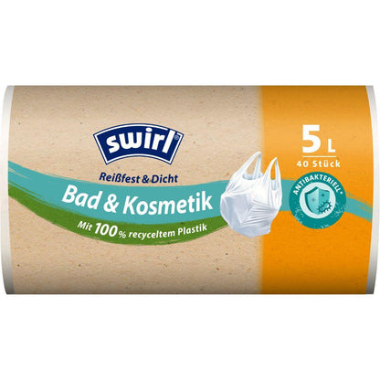En rulle Swirl bærepose-affaldsposer Bade- & Kosmetik 5L (40 poser) fra Melitta Europa GmbH & Co. KG, fremstillet af 100 % genanvendt plastik med antibakteriel beskyttelse, er mærket som rivfast og læksikker.