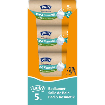 En rulle Swirl bærepose-affaldsposer Bade- & Kosmetik 5 l Rivfast & Tæt fra Melitta Europa GmbH & Co. KG med 40 rivfaste og læksikre badeværelsesaffaldsposer af genanvendt plastik. Æsken er afbildet i orange og blå.