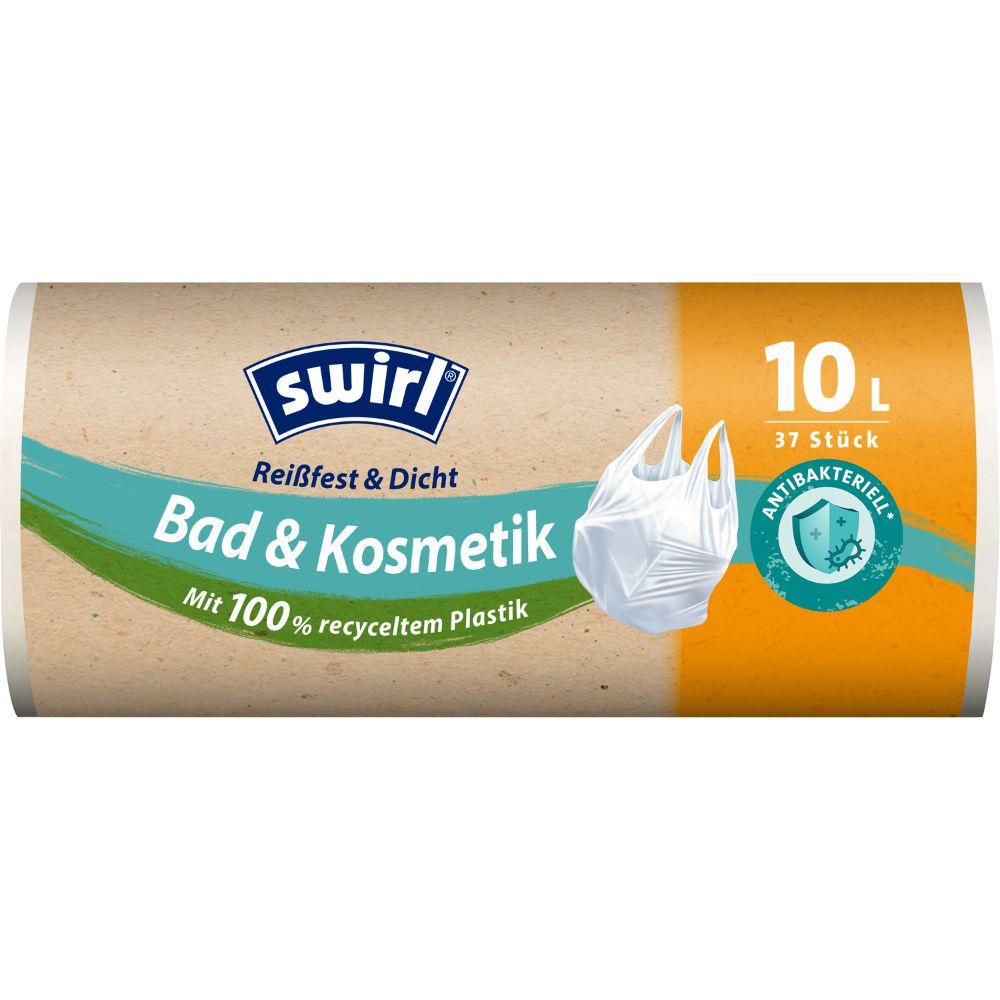 Eine Rolle Swirl Tragegriff-Müllbeutel Bad- & Kosmetik 10 l von der Melitta Europa GmbH & Co. KG enthält 37 reißfeste, dichte Beutel aus recyceltem Plastik – ideal für die hygienische und umweltfreundliche Abfallentsorgung im Bad.