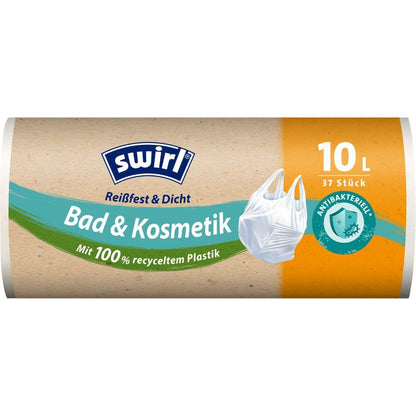 Eine Rolle Swirl Tragegriff-Müllbeutel Bad- & Kosmetik 10 l von der Melitta Europa GmbH & Co. KG enthält 37 reißfeste, dichte Beutel aus recyceltem Plastik – ideal für die hygienische und umweltfreundliche Abfallentsorgung im Bad.