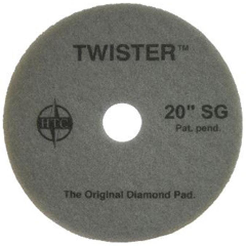 Twister Pad 10000 fra Diversey Deutschland GmbH & Co. OHG er en rund, grå gulvpude med et midterhul og påskriften "TWISTER 20'' SG - The Original Diamond Pad". Ideel til rengøring og polering af hårde gulve.