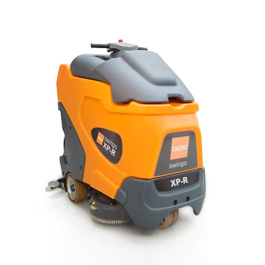 Die TASKI swingo XP R von Diversey Deutschland GmbH & Co. OHG ist eine orange/graue, batteriebetriebene Scheuersaugmaschine mit Aufsteigerprinzip, ideal für große Flächen, incl. 4x 6V-180Ah Batterie und integriertem Ladegerät.