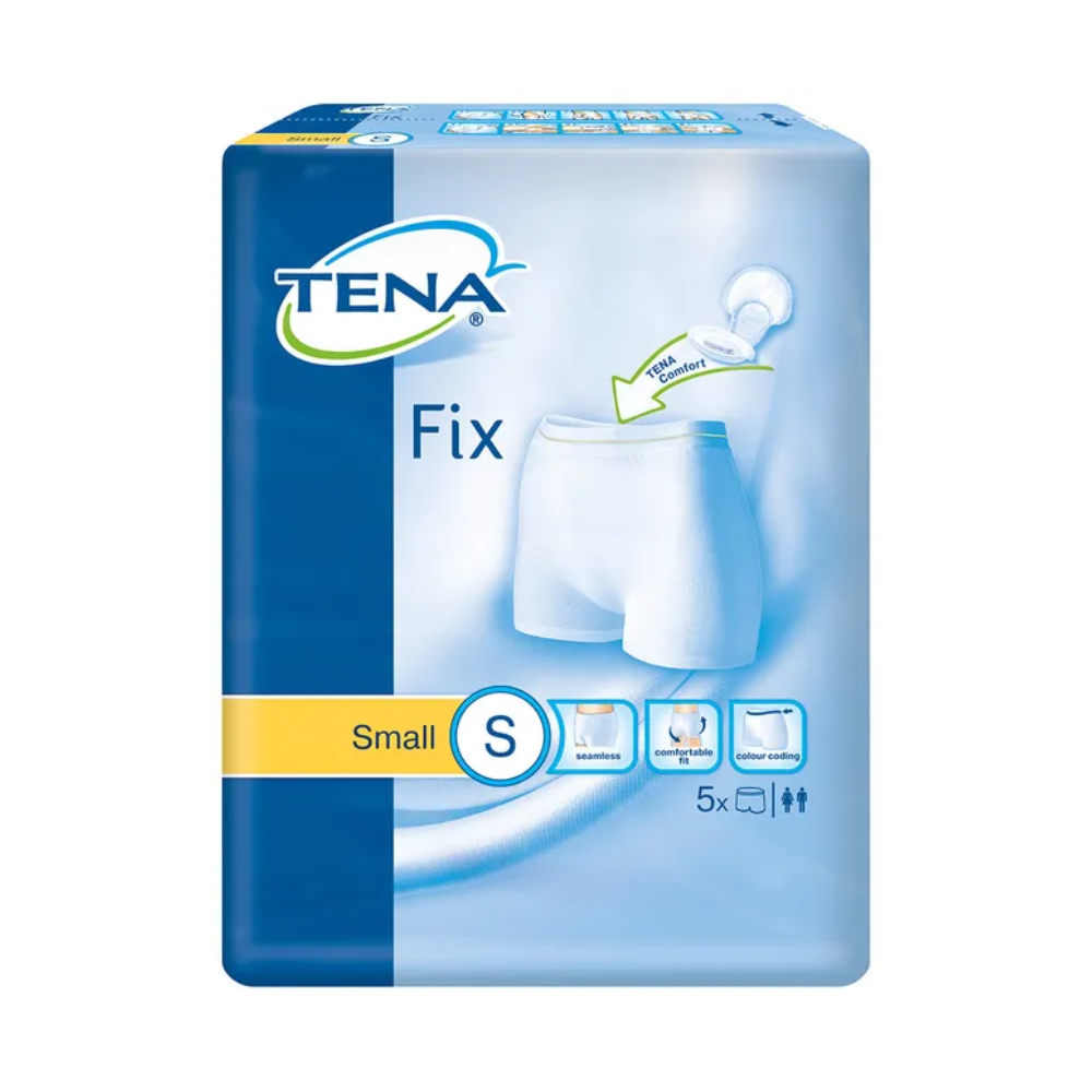 Emballagen til TENA Fix inkontinens-fikseringsbukser, fremstillet af TENA - Essity Germany GmbH, viser et billede af hvidt undertøj med etiketten "Cool Comfort". Den fremhæver produktet som et lille sæt med 5 stk og fokuserer på elasticitet og lækagebeskyttelse for forbedret komfort og sikkerhed.