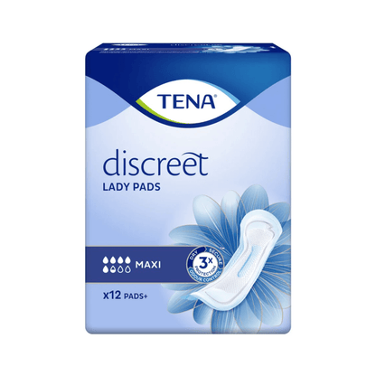 Billedet viser en pakke TENA Lady Discreet Maxi inkontinensindlæg fra TENA – Essity Deutschland GmbH, designet til blæresvaghed. Emballagen viser et blåt blomsterdesign og fremhæver „3x beskyttelse“, indeholder 12 stykker, som angivet nederst til venstre.