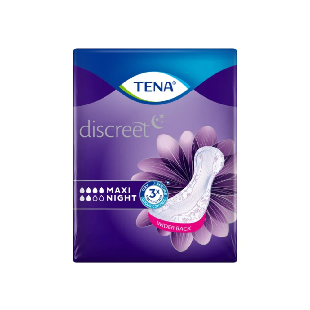 TENA Lady Discreet Protect+ Maxi Night inkontinensindlæg fra Essity Germany GmbH har en lilla emballage med et hvidt indlægsbillede, teksten "3x beskyttelse" og sugedråber. InstaDRY-teknologien forstærker den bredere bagside for optimal komfort og sikkerhed. Pakken indeholder 12 stykker.
