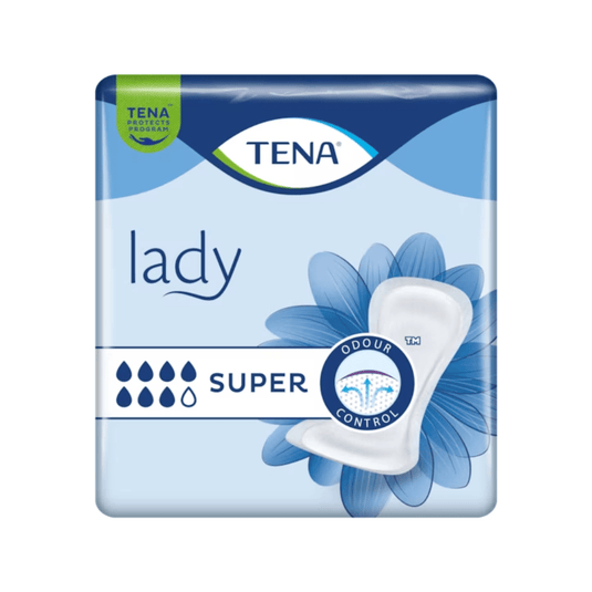 Emballagen til TENA Lady Super inkontinensbind | Pakke (30 stk.) fra TENA – Essity Germany GmbH er holdt i blå og hvid. Iøjnefaldende elementer som ordene »Lady« og »SUPER«, sugedråber, en blomstergrafik samt udtryk som »Odour Control« gør den til det ideelle valg for alle, der søger pålidelig inkontinensbeskyttelse inden for rammerne af TENA Protects-programmet.