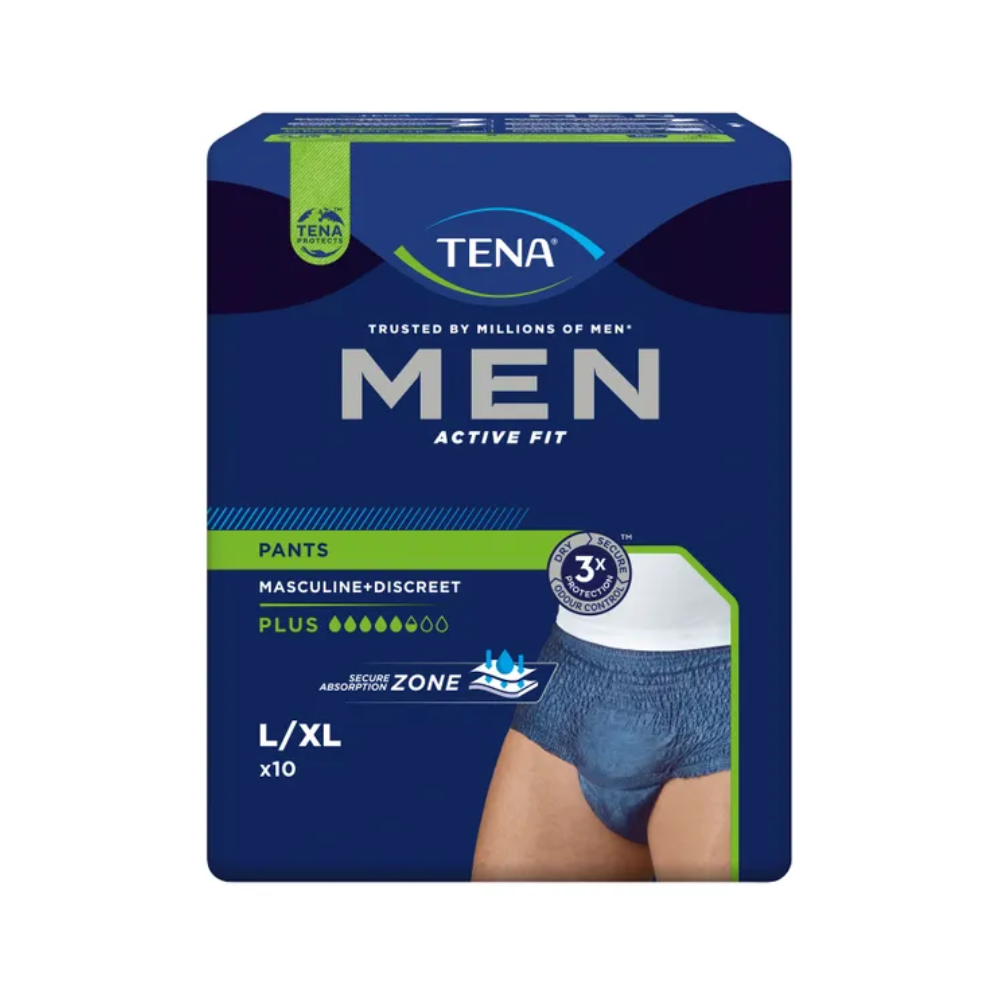 Billedet viser en pakke TENA Men Active Fit Pants Plus inkontinensbukser fra Essity Germany GmbH. Den blå emballage med grønne markeringer viser, at den indeholder 10 bukser i størrelse L/XL, som er perfekte til behandling af urininkontinens. Fremtrædende træk er det maskuline design, den diskrete pasform og den høje sugeevne.