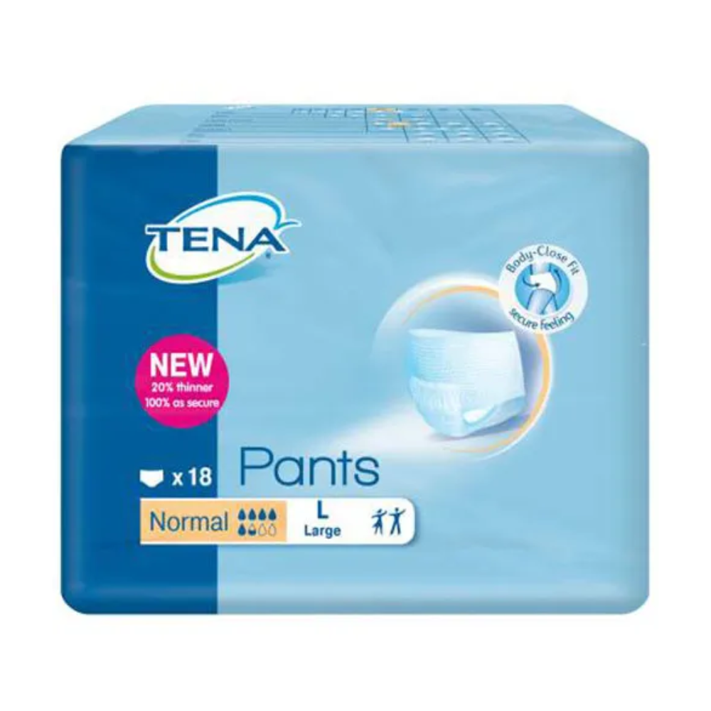 Emballagen til TENA Pants Normal inkontinensbukser til voksne i størrelse Large fra TENA - Essity Germany GmbH indeholder 18 bukser, der er specielt udviklet til blæresvaghed. Det blå design fremhæver produktbilleder og understreger komfort og en sikker pasform.