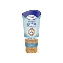 Die TENA ProSkin Barrier Cream, pflegende Creme | Packung (150 ml), von Essity Germany GmbH, ist ideal für empfindliche Haut. Die blau-braune Verpackung betont wichtige Merkmale wie „Schützt empfindliche Haut“ und „Parfümfrei“ und verfügt über eine wasserabweisende Schicht für verbesserten Schutz, was sie zu einem Must-have in jeder Hautpflegeroutine macht.